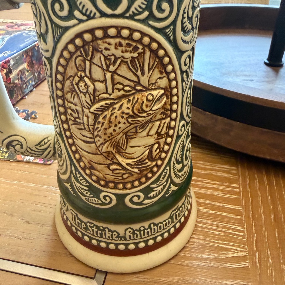 Avon Green and Tan Ceramic Fish Relief Tankard